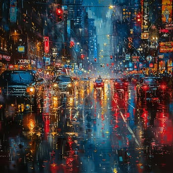 Rain-slicked urban street captured in glossy oil paints, highlighting reflective surfaces and city lights.