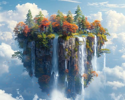 Surreal floating island with a cascading waterfall, illustrated in a dreamy and imaginative style.