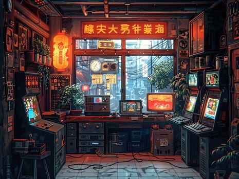 Virtual gamer world created in a pixel art style, with sharp edges and a retro video game palette.