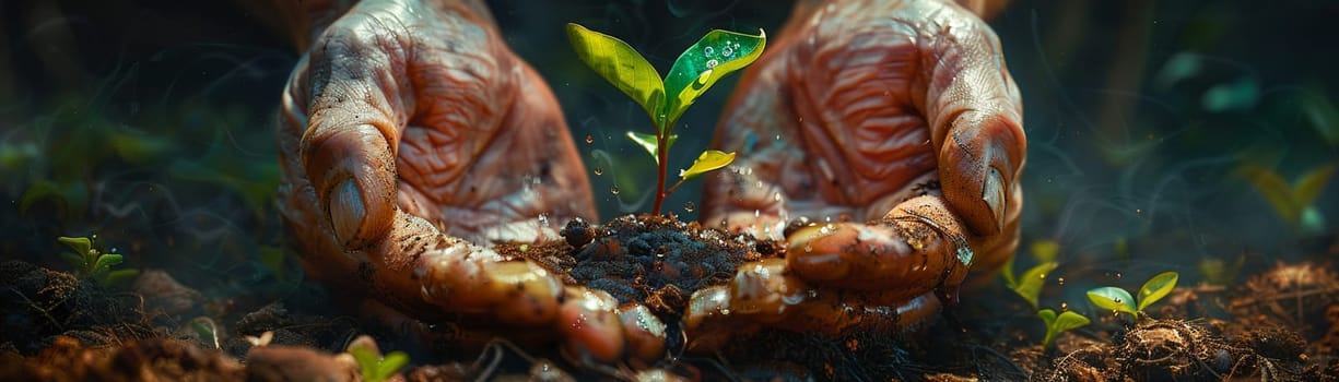 Gardener's hands nurturing a growing seedling, painted with a focus on texture and the green of life.