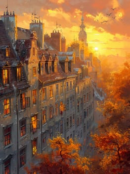 Golden hour's soft light against old-world architecture, painted with a gentle realism and attention to detail.