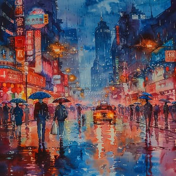 Bustling avenue in rain painted with vibrant, flowing watercolors, emphasizing movement and life.