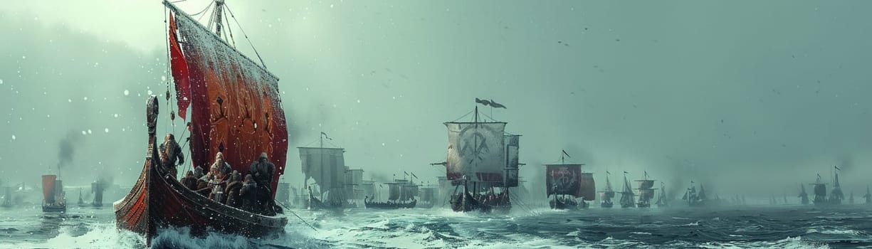 Viking longship navigating icy waters, depicted with a Norse art style and cold, bracing colors.