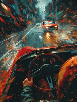 Street racer's hands gripping the steering wheel, illustrated with intense speed lines and 3D effects.