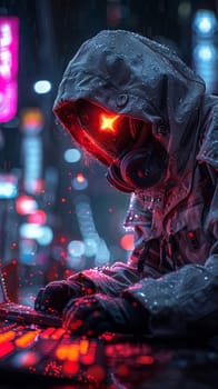 Cyber hacker in action illustrated with a neon, cyberpunk style, highlighting the digital underworld.