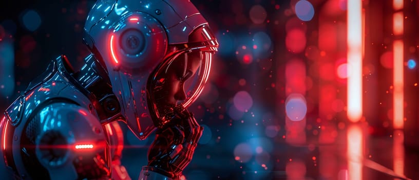 Futuristic android in contemplation, rendered in a sleek 3D style with chrome and neon highlights.