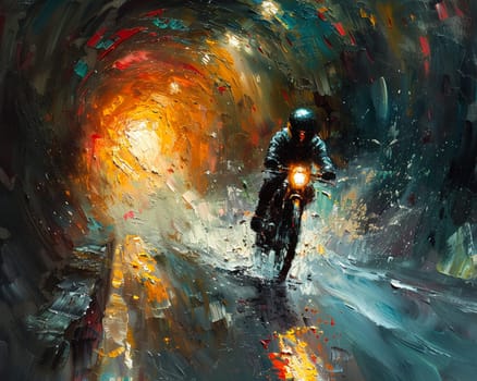 Tunnel speed rider scene painted with a sense of motion and abstract color splashes.