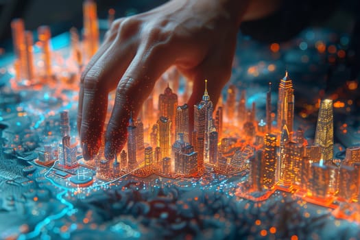 Architect's hands over a holographic city model, illustrated with a blend of realism and digital artistry.