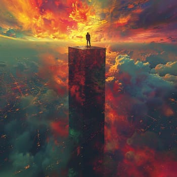 Figure atop a skyscraper painted with a dynamic perspective and dramatic chiaroscuro in digital art.