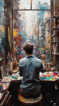 Painter in their studio, world outside the window melting into their canvas of colors.