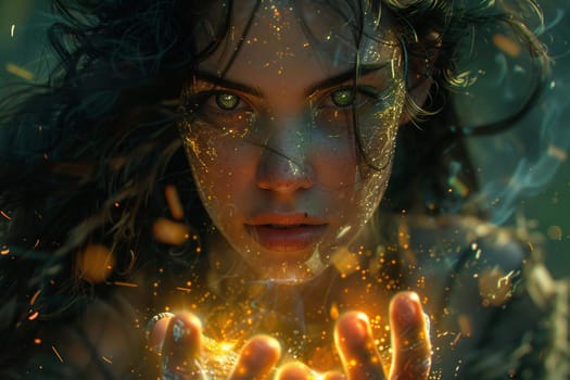 Mystical sorceress casting a spell, her hands aglow, depicted in a richly detailed fantasy art style.