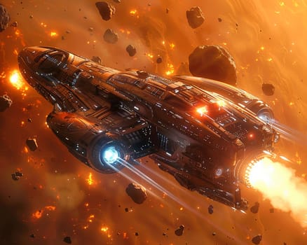 Spaceship hurtling through an asteroid belt, depicted in a thrilling 3D style with dynamic lighting.