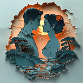 Romantic couple's silhouette in a paper cut-out style, set against a whimsical, pastel-colored landscape.