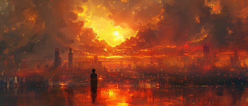 A pensive moment as a figure is framed by the amber wash of a city at dusk.