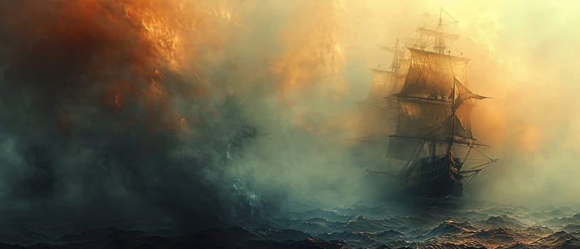 Pirate ship navigating through mystical fog, illustrated with a vintage map aesthetic and aged textures.