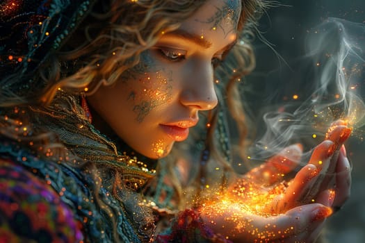 Mystical sorceress casting a spell, her hands aglow, depicted in a richly detailed fantasy art style.