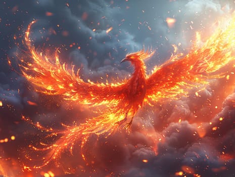 Mythical phoenix rising from ashes, captured in an anime style with fiery colors and dramatic lines.