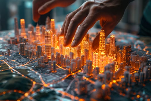 Architect's hands over a holographic city model, illustrated with a blend of realism and digital artistry.