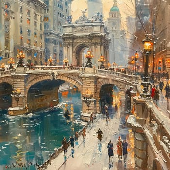 Bridge view in the city painted with a soft-focus background and detailed architectural foreground.