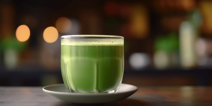 Matcha green tea in a cup on a blurred background, generative AI