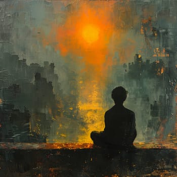A pensive moment as a figure is framed by the amber wash of a city at dusk.