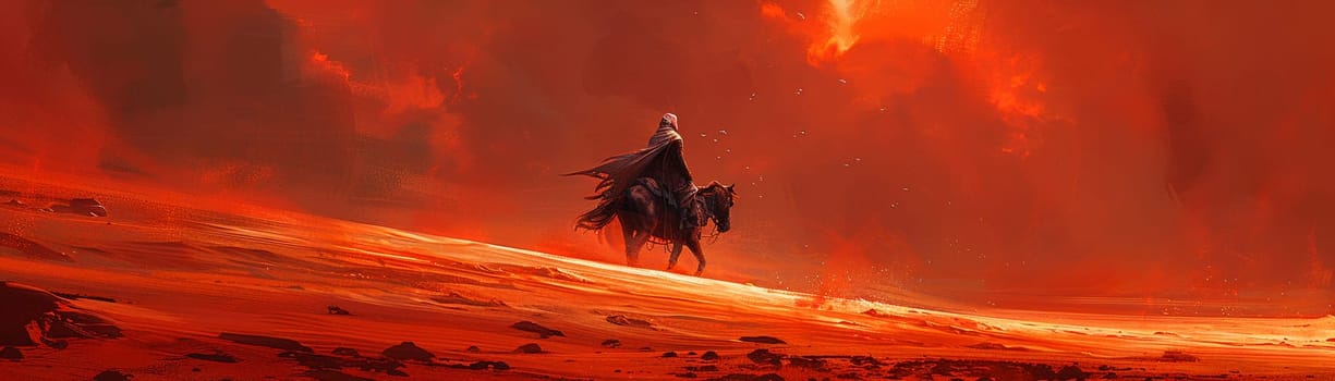 Nomad riding the dunes of a crimson desert, their story etched by the wind's eternal caress.