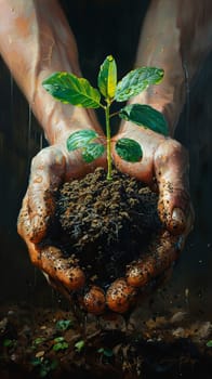 Gardener's hands nurturing a growing seedling, painted with a focus on texture and the green of life.