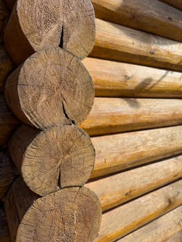 Logs of a wooden house in close-up on a sunny day, a bathhouse, the hut. High quality photo