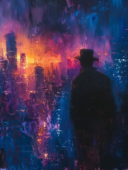 Sculptor carving the essence of the aether, their chisel a conjuring of form and void. City skyline at dusk painted in broad, impressionistic strokes of deep blues and purples.