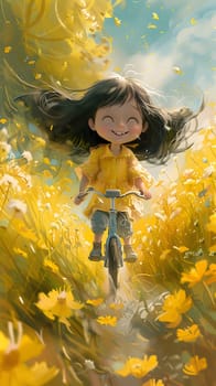 In the morning sunlight, a happy little girl is riding her bike through a field of yellow flowers, painting a beautiful picture of people in nature among the grass