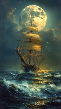 Solo traveler at the helm of a ship, navigating the whispering waves of a moonlit sea.