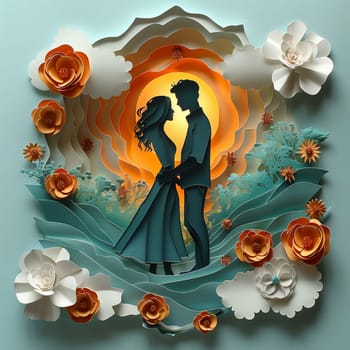 Romantic couple's silhouette in a paper cut-out style, set against a whimsical, pastel-colored landscape.