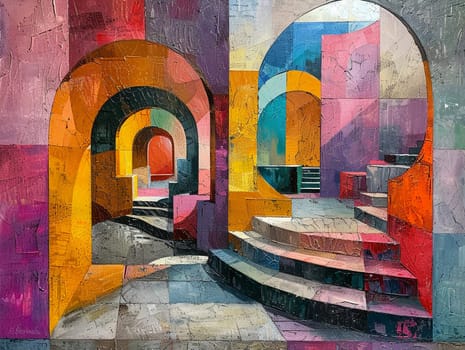 Artist's studio chaos painted in a dynamic, cubist style, with bold colors and abstract shapes.