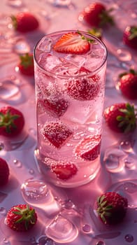 A stemware filled with a refreshing drink made of liquid, strawberries, and ice cubes, placed on a table with a beautiful plant as decoration