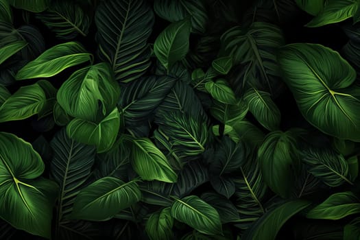 A close up of green leaves with a dark background. The leaves are very thick and have a shiny, almost glossy appearance. Concept of depth and richness