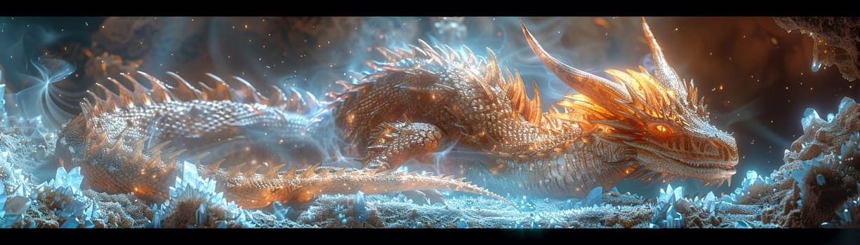 Ancient dragon curled around a crystal cavern, depicted in breathtaking detail and iridescent 3D textures.