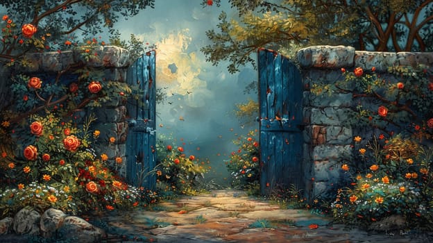 Secret garden gate partially open, inviting exploration, painted with a whimsical, storybook quality.