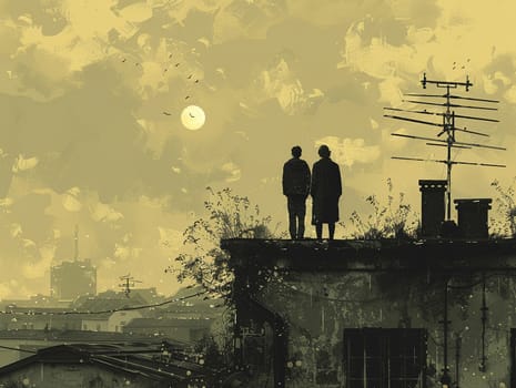 Rooftop memories illustrated with a nostalgic sepia tone, like an old photograph brought to life.