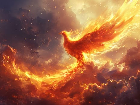 Mythical phoenix rising from ashes, captured in an anime style with fiery colors and dramatic lines.