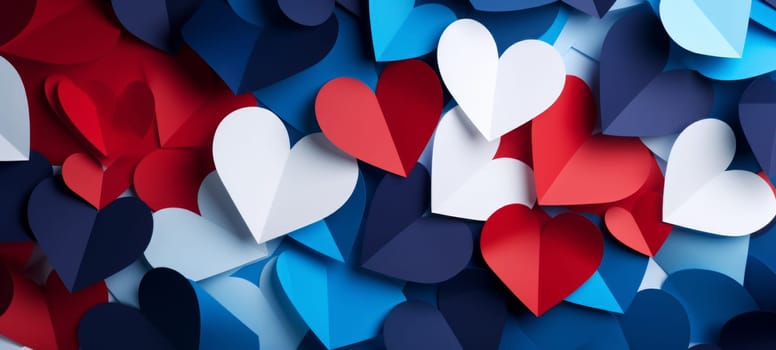 A vibrant collage of paper hearts in shades of blue and red, a symbolic celebration of love and affection