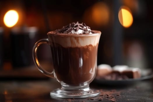 hot chocolate drink with a cream in a glass on a table in Cafe with dessert , generative AI