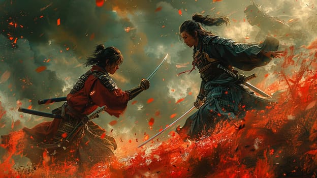Duel between mythic samurai warriors, captured in a dynamic anime style with dramatic composition.