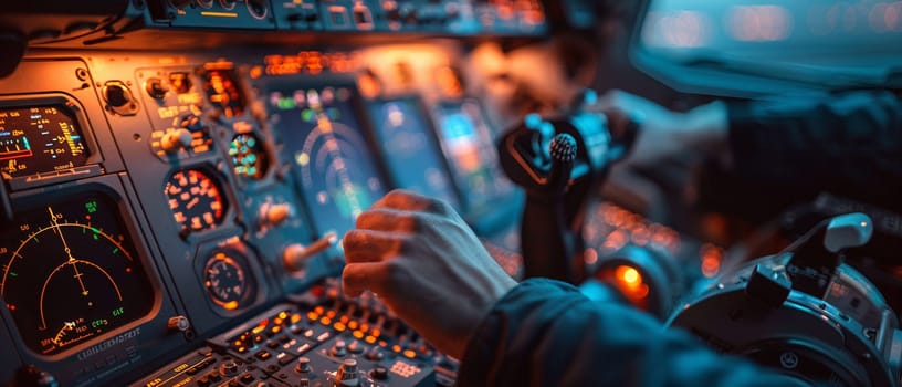 Pilot's hands on an aircraft cockpit controls, illustrated with meticulous attention to detail and realism.