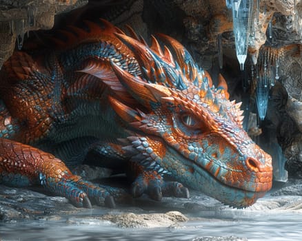 Ancient dragon curled around a crystal cavern, depicted in breathtaking detail and iridescent 3D textures.