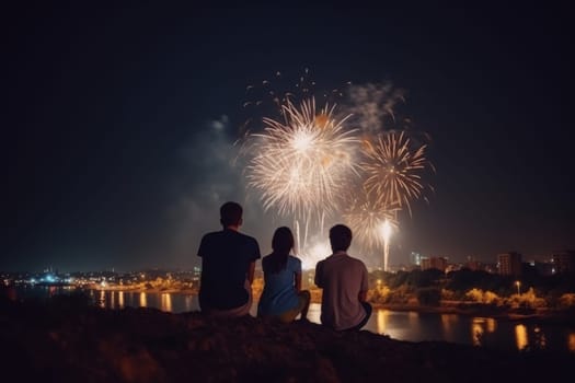 A small group of individuals captured in a serene moment, engrossed in the spectacle of vibrant fireworks illuminating the night sky