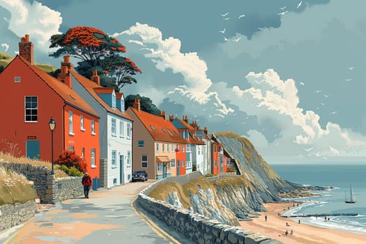 Seaside stroll illustrated in a classic British seaside postcard style, with charming details and a vintage feel.
