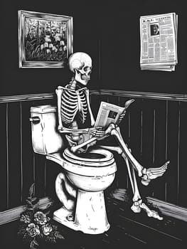 A Black and White picture frame of monochrome photography hangs in the room as a skeleton sits on a toilet reading a newspaper