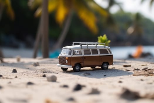 A whimsical scene of a miniature red van parked on a sandy beach evoking feelings of summer, vacations, and travel adventures.