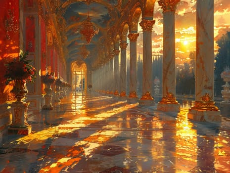 Golden hour's soft light against old-world architecture, painted with a gentle realism and attention to detail.