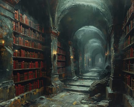 Ancient library scene rendered in a Renaissance painting style, with a focus on depth and perspective.